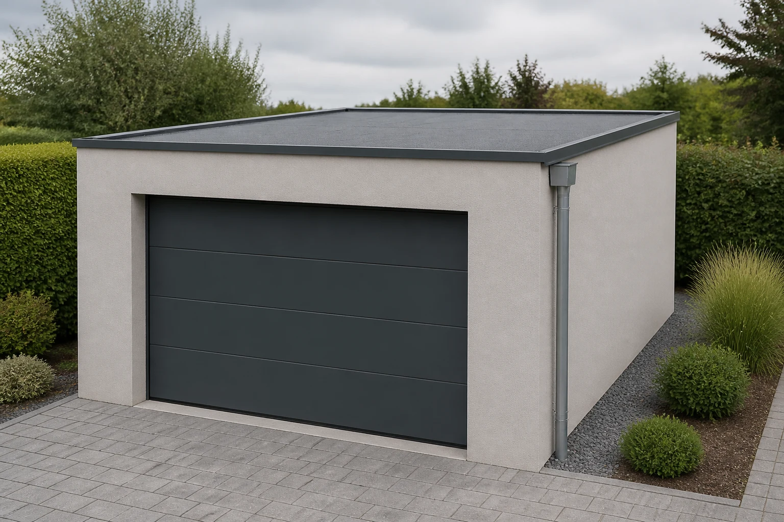 Illustrative Darstellung zum Ratgeberthema Fertiggarage mit Flachdach: Aufbau, Ablauf und Dachrand