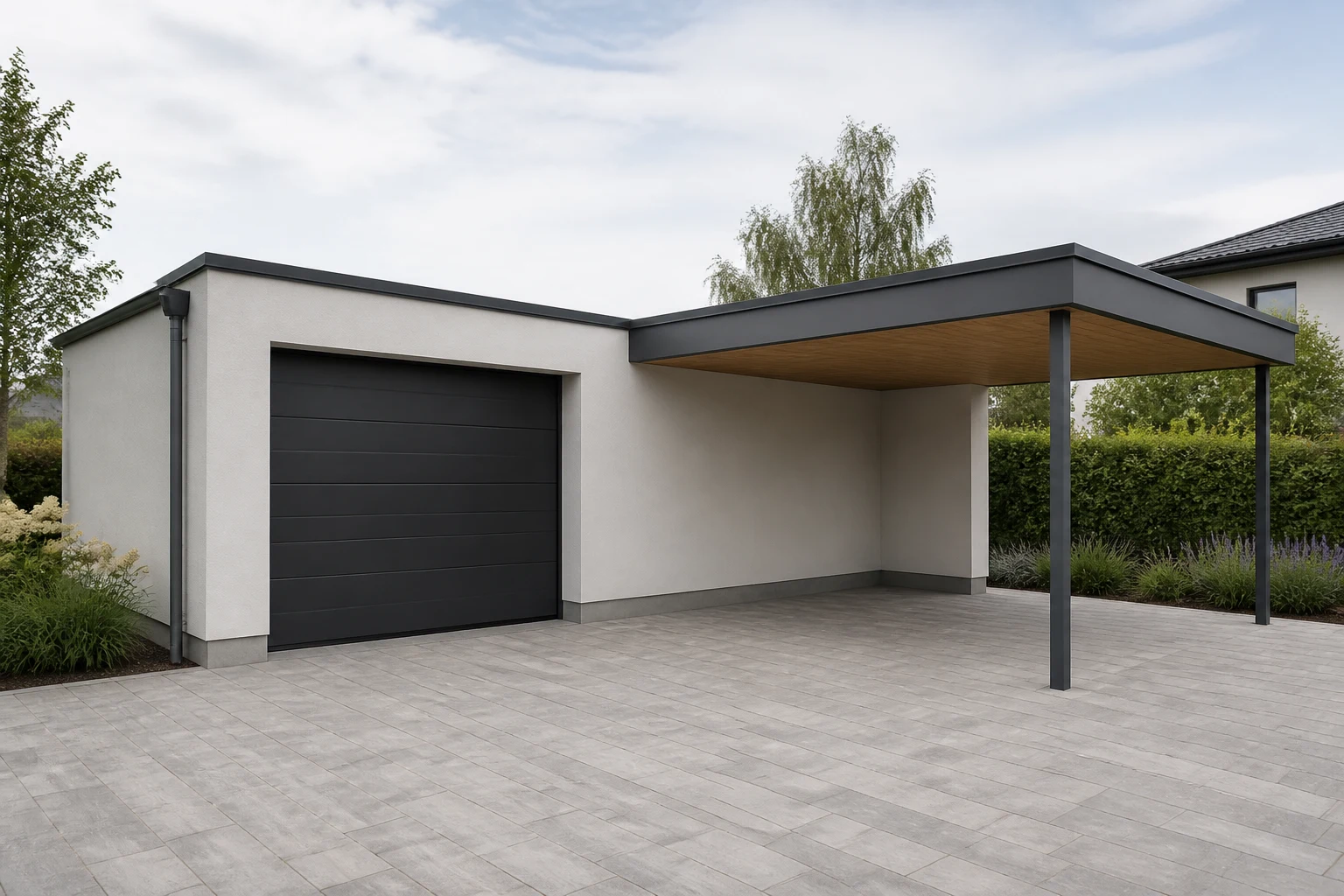Illustrative Darstellung zum Ratgeberthema Fertiggarage mit Carport: Kombination und Anschlüsse planen