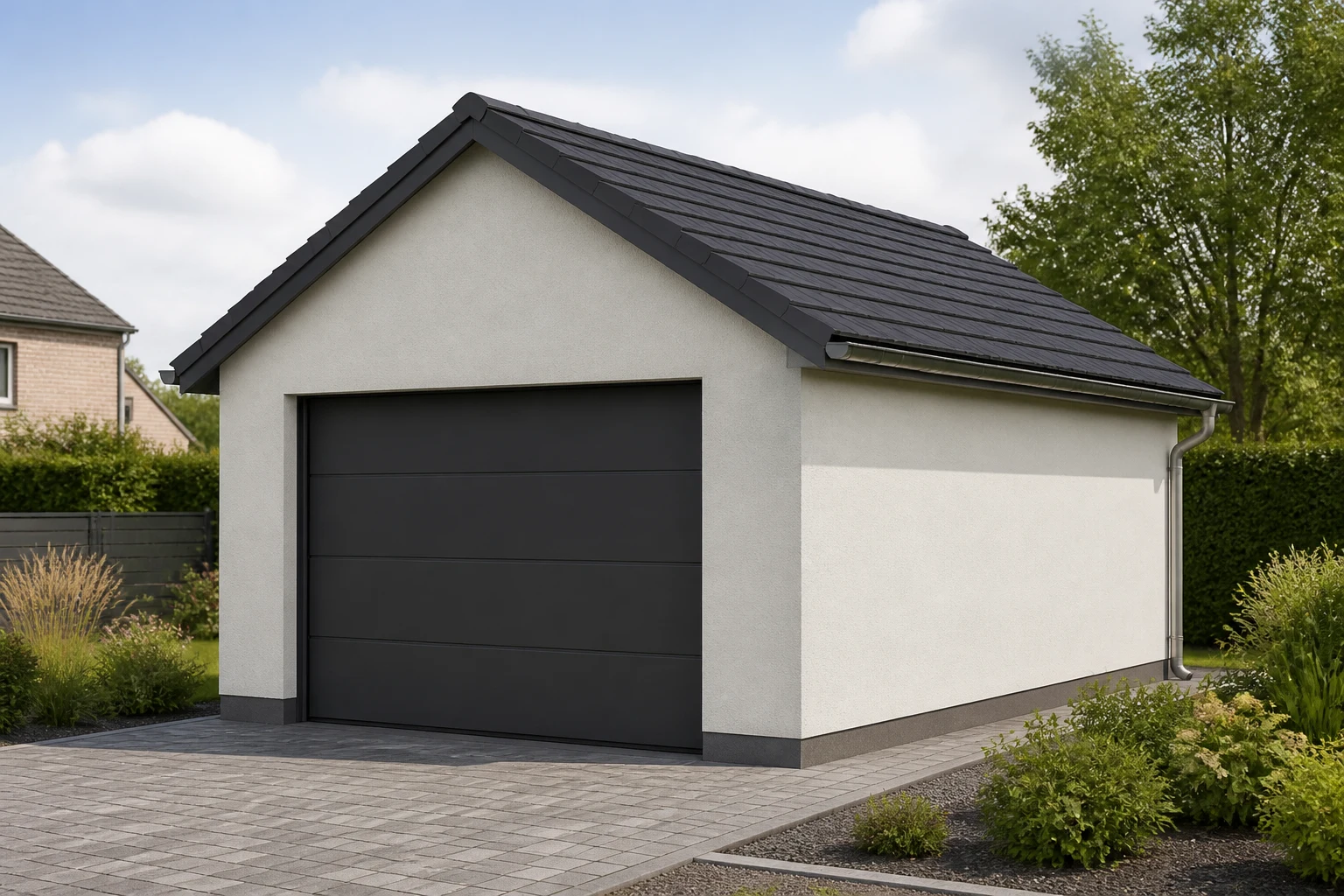 Illustrative Darstellung zum Ratgeberthema Fertiggarage mit Satteldach: Form und Konstruktion einordnen