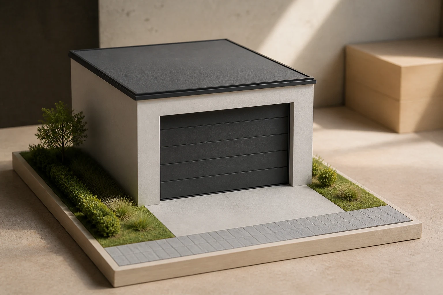 Illustrative Darstellung zum Ratgeberthema Fertiggarage planen: Bauarten, Grundstück und Angebot im Überblick